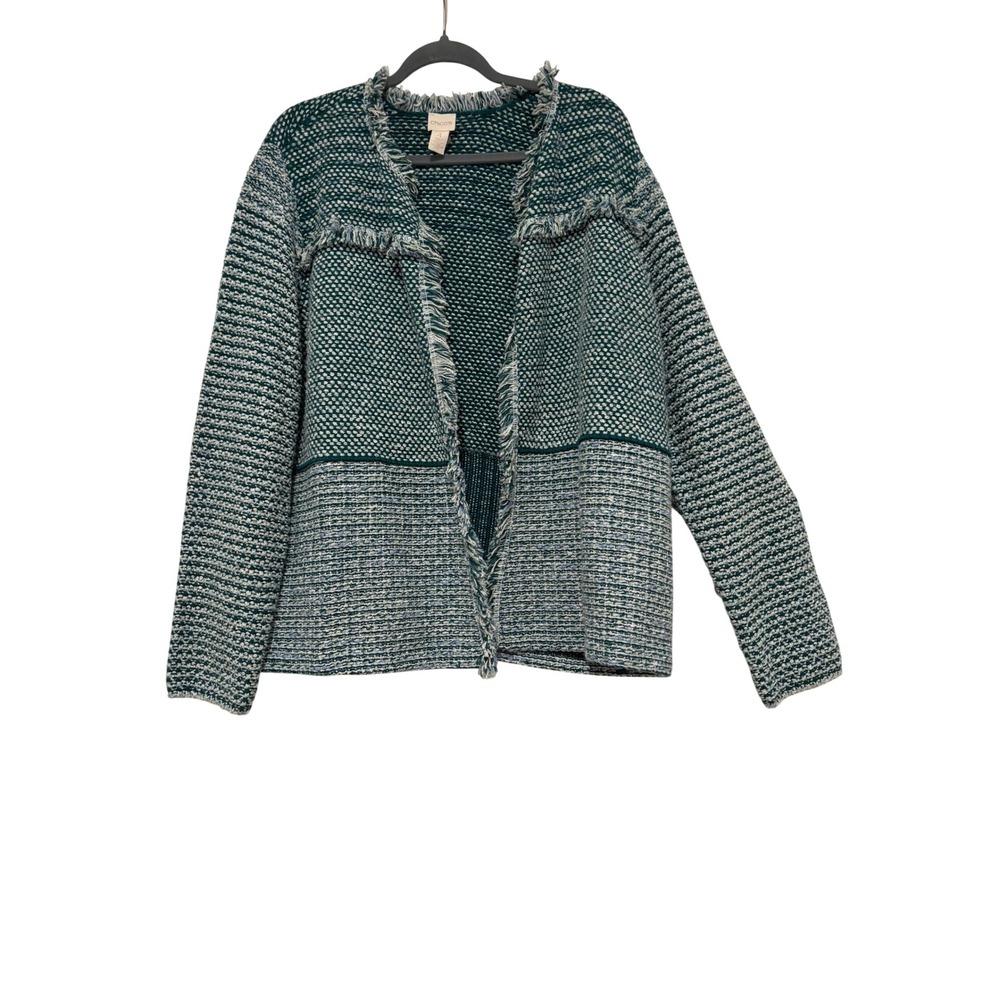 Chicos green/white sz 4 boho cotton blend open front cardigan w/ fringe P
